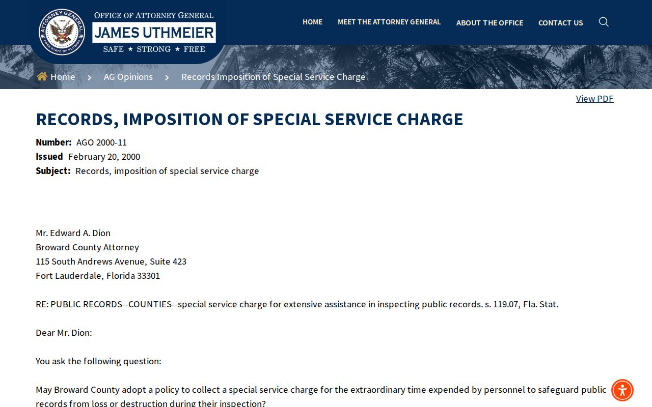 Florida public records guidance on special service charges
