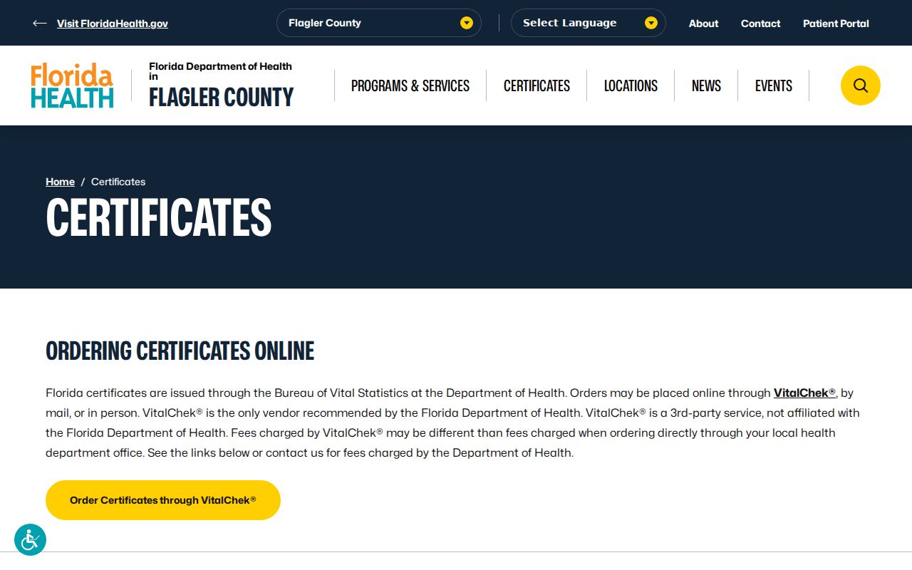 Palm Coast neighbors Flagler vital certificate access page