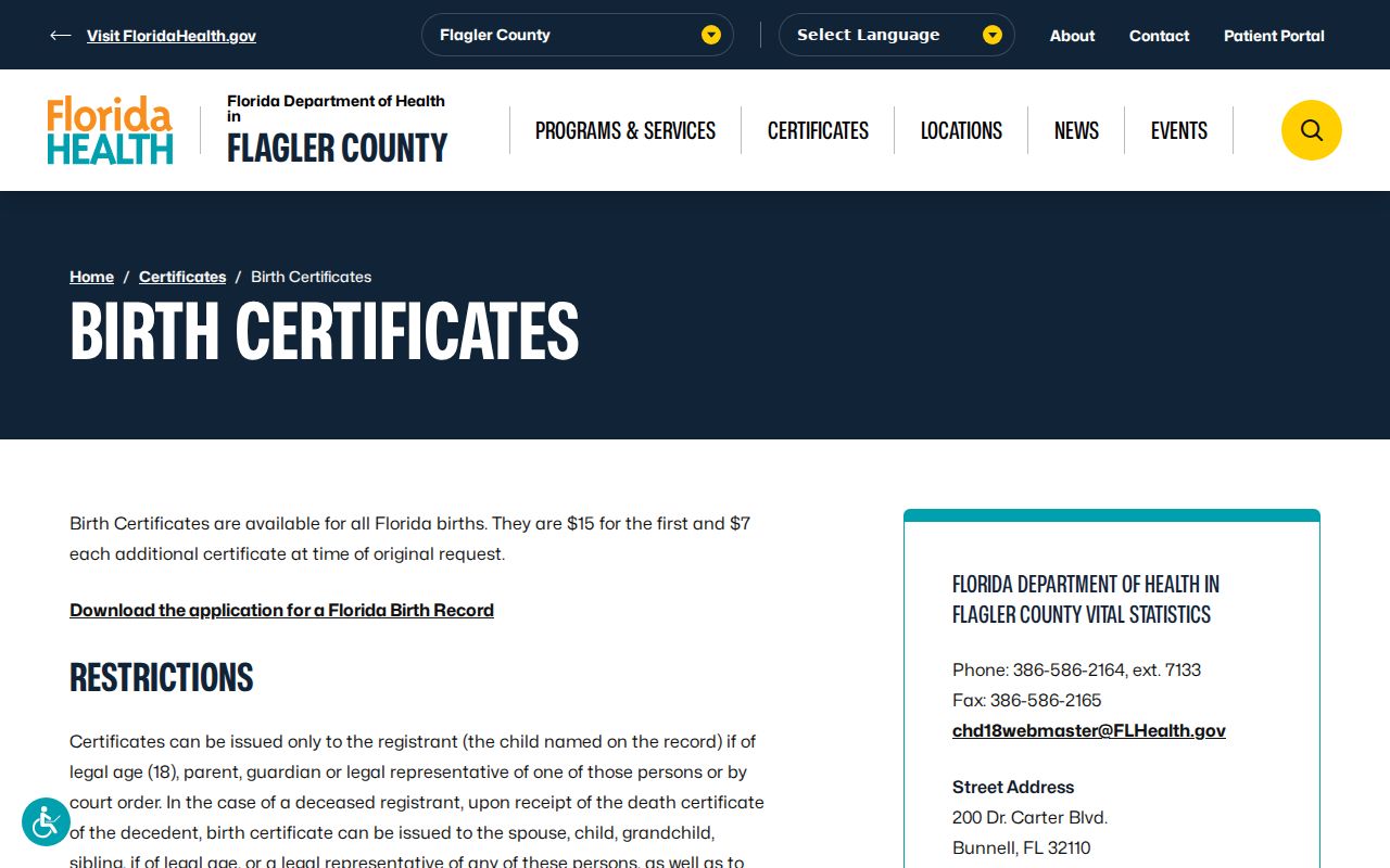 Palm Coast neighbors Flagler birth certificate requirements