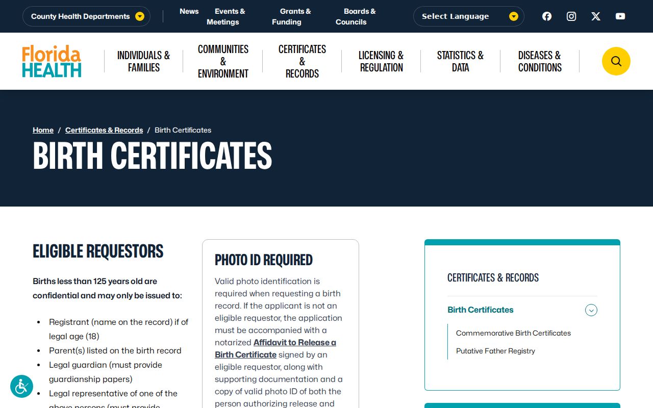 Palm Coast neighbors Florida birth certificate access rules