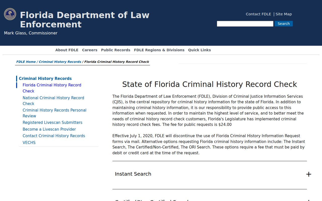 Palm Coast resident lookup Florida criminal history request screen