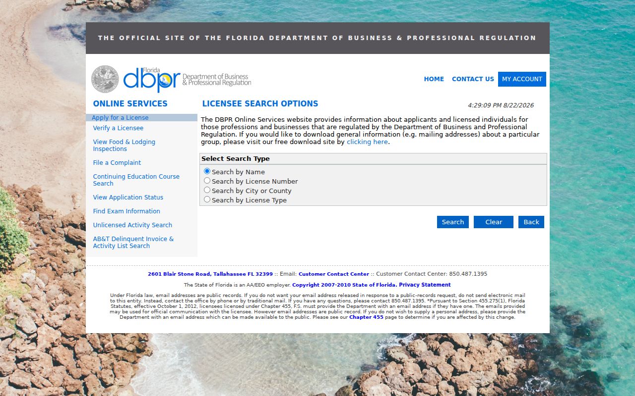 Palm Coast resident lookup Florida DBPR license search