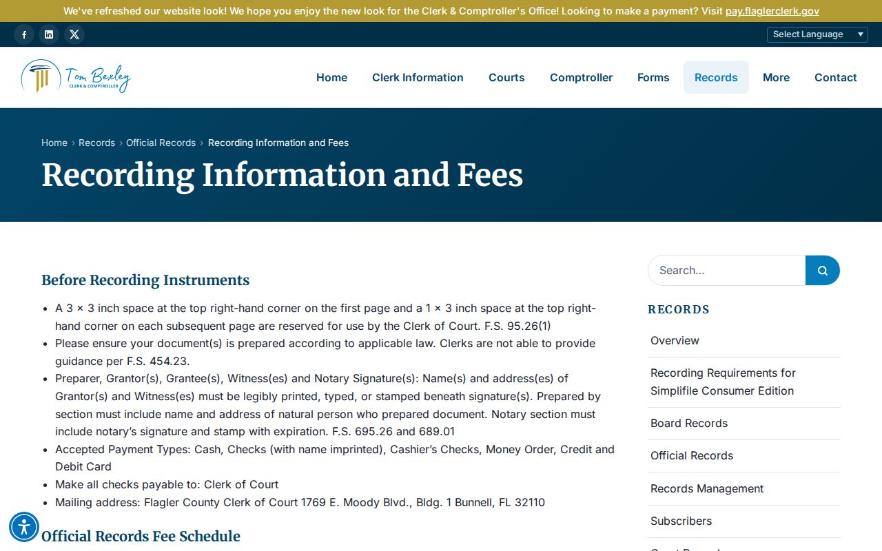 Palm Coast street directory recording information and fees