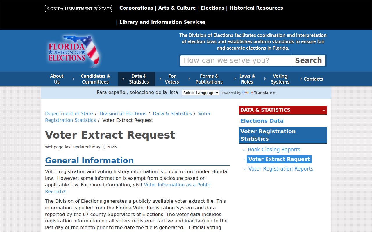 Florida voter registration extract request page