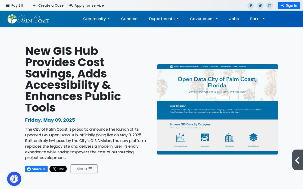 Palm Coast announcement for the redesigned GIS Open Data Hub